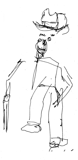 Man with hat and cane, pen drawing in the dark, by William Eaton, June 2017
