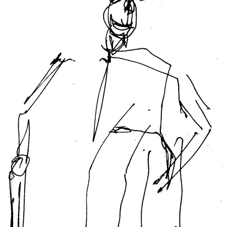 Man with hat and cane, pen drawing in the dark, by william eaton, june 2017