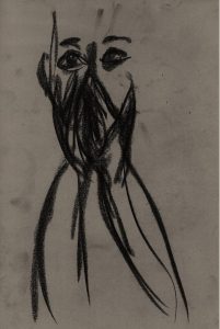 AVW hands over mouth, version 1, from charcoal drawing by William Eaton, 2019